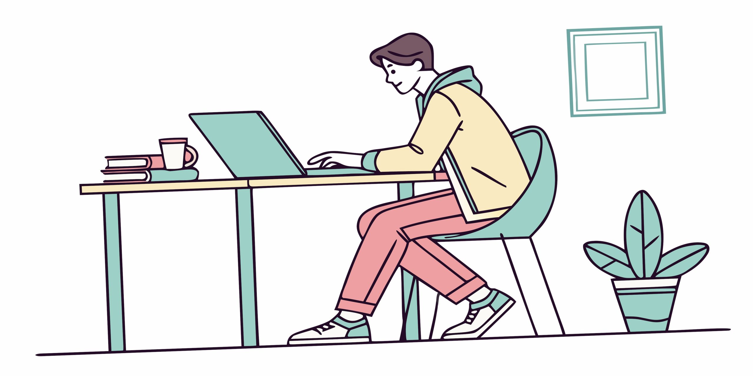 Illustration of a writer at a desk typing on a laptop, planning romantasy tropes