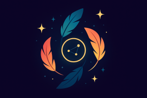 Three quill feathers orbiting a golden ring with connected nodes on a dark blue background