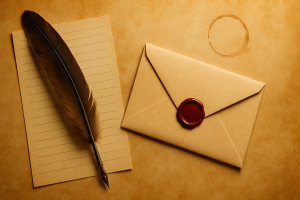 Quill on lined paper beside wax-sealed envelope on aged parchment background