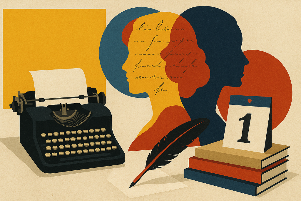 Modernist collage of three female silhouettes with typewriter, calendar, books, and quill in geometric shapes