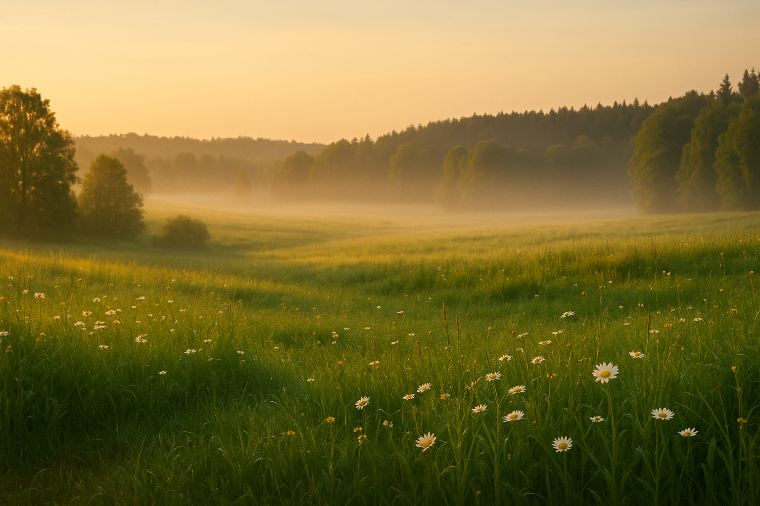 Sunlit meadow at dawn with daisies and morning mist over a forested valley